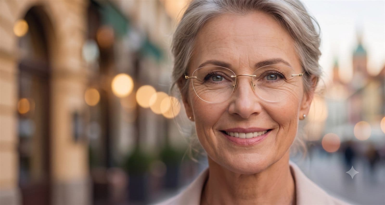 Spokojná pacientka s okuliarmi – Emma Crystal – centrum modernej optometrie
